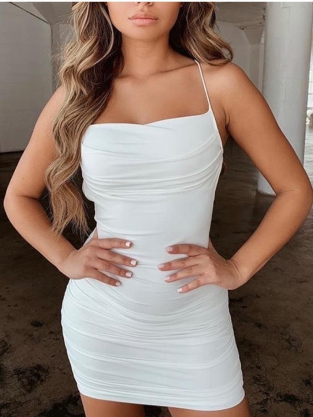 Tiger Mist “Reese”White Ruched Mini Dress with Spaghetti Straps